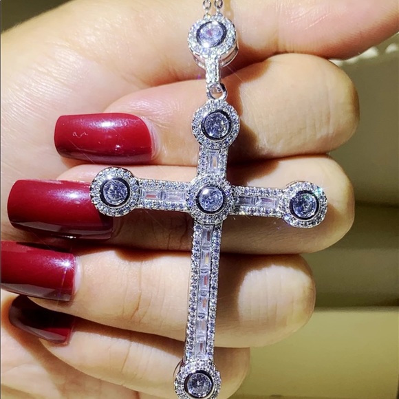 New Luxury 925 Silver Beautiful Cross For Men Women Diamond Necklace - Picture 13 of 15